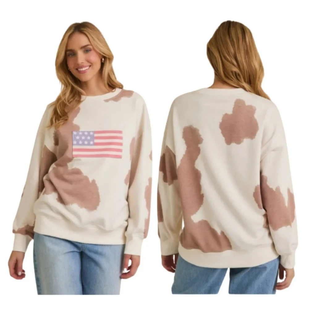 GILI 100% Cotton USA Flag Cows Soft Lightweight Sweatshirt Oversized New - Picture 1 of 1